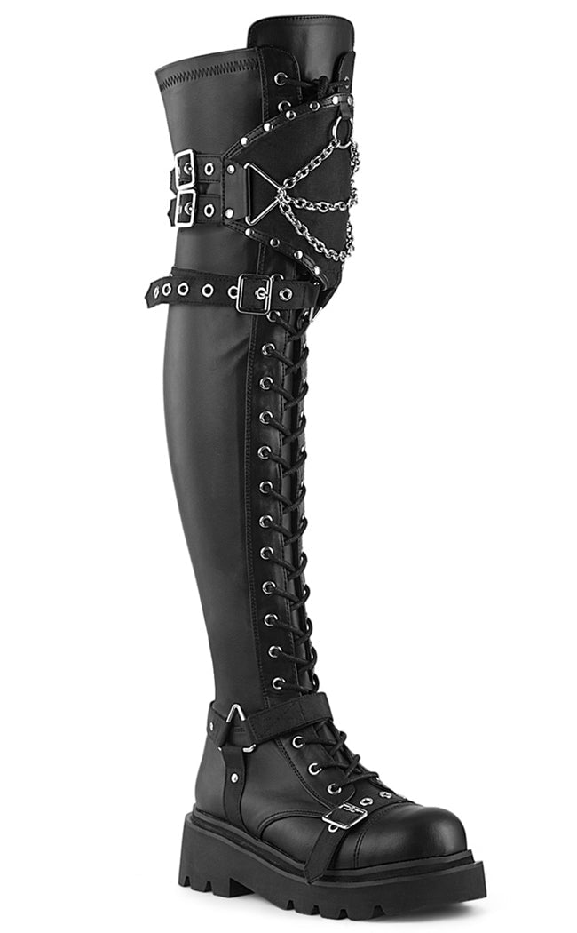 RENEGADE-320 Black Stretch Thigh High Boots-Demonia-Tragic Beautiful