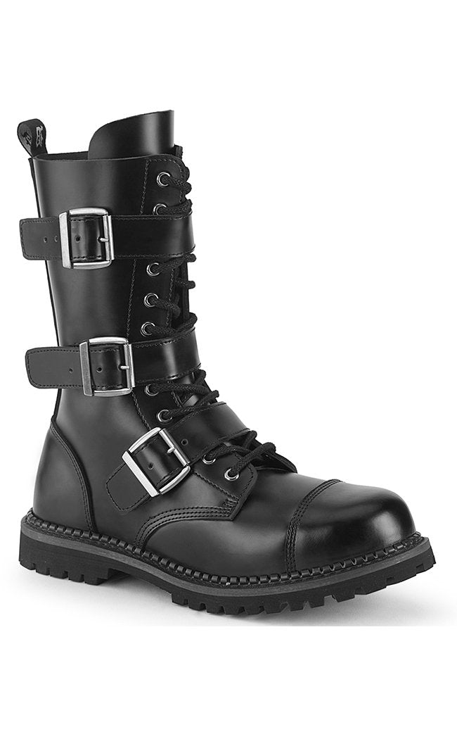 RIOT-12BK Black Leather Boots-Demonia-Tragic Beautiful