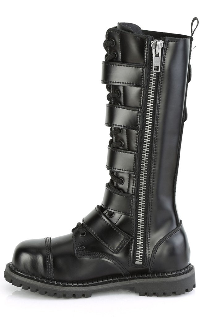 RIOT-18BK Black Leather Boots-Demonia-Tragic Beautiful