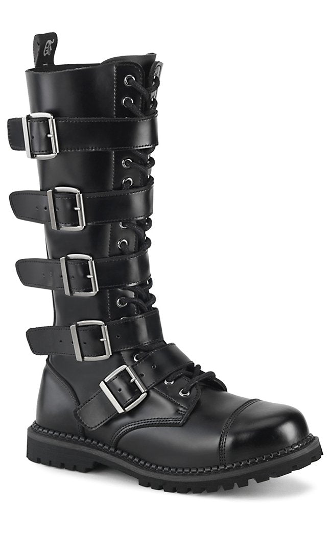 RIOT-18BK Black Leather Boots-Demonia-Tragic Beautiful