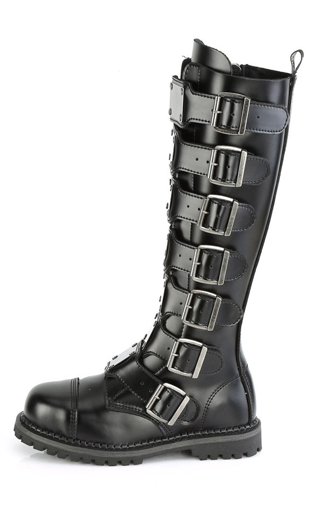 RIOT-21MP Black Leather Knee High Boots-Demonia-Tragic Beautiful