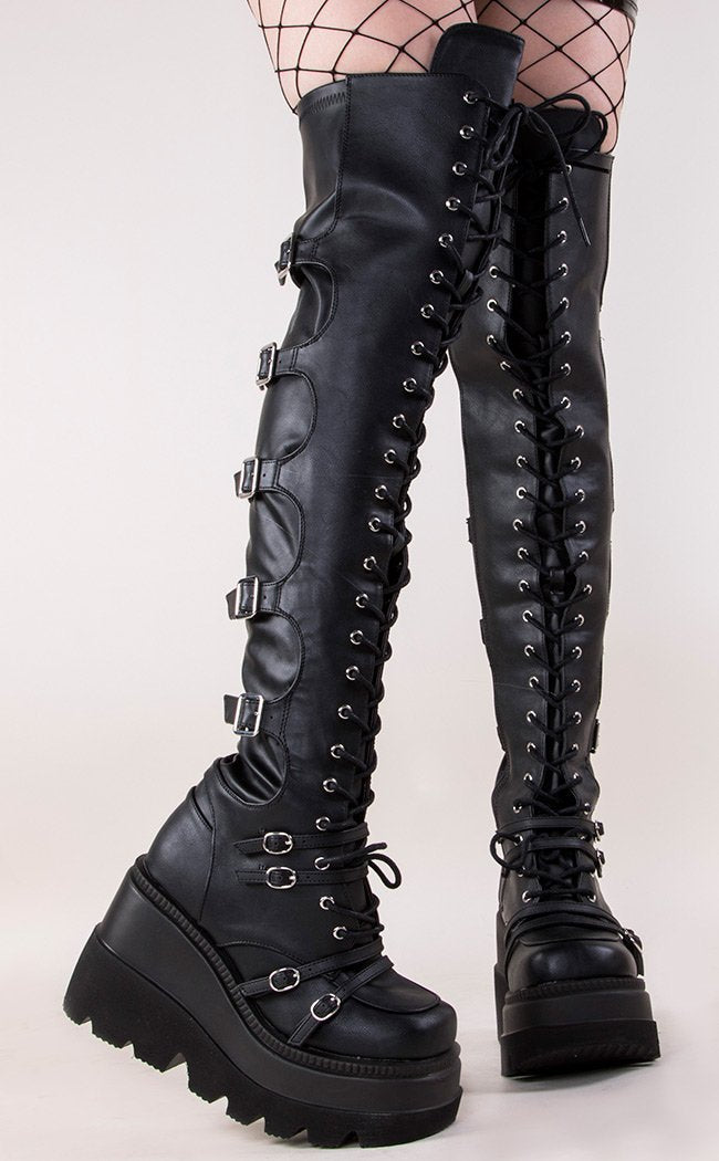 SHAKER-350 Black Thigh High Boots-Demonia-Tragic Beautiful