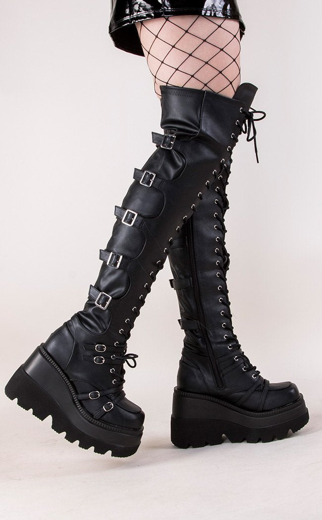 SHAKER-350 Black Thigh High Boots-Demonia-Tragic Beautiful