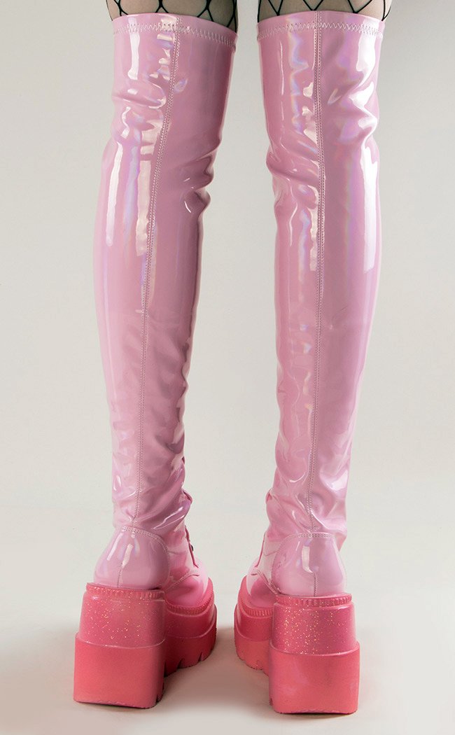 SHAKER-374 Baby Pink Holo Thigh High Boots-Demonia-Tragic Beautiful