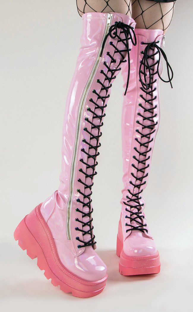 SHAKER-374 Baby Pink Holo Thigh High Boots-Demonia-Tragic Beautiful