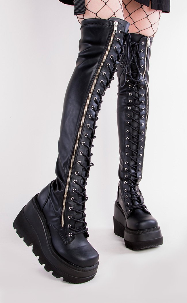 Demonia SHAKER-374 Black Thigh High Boots Gothic Shoes Australia