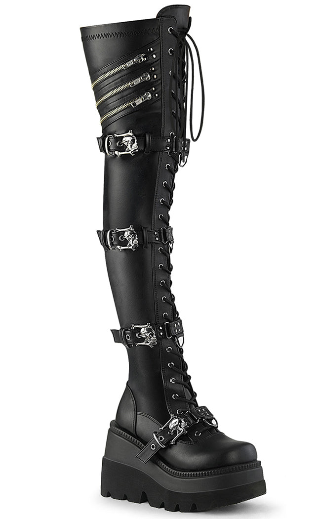 SHAKER-420 Black Matte Thigh-High Platform Boots-Demonia-Tragic Beautiful