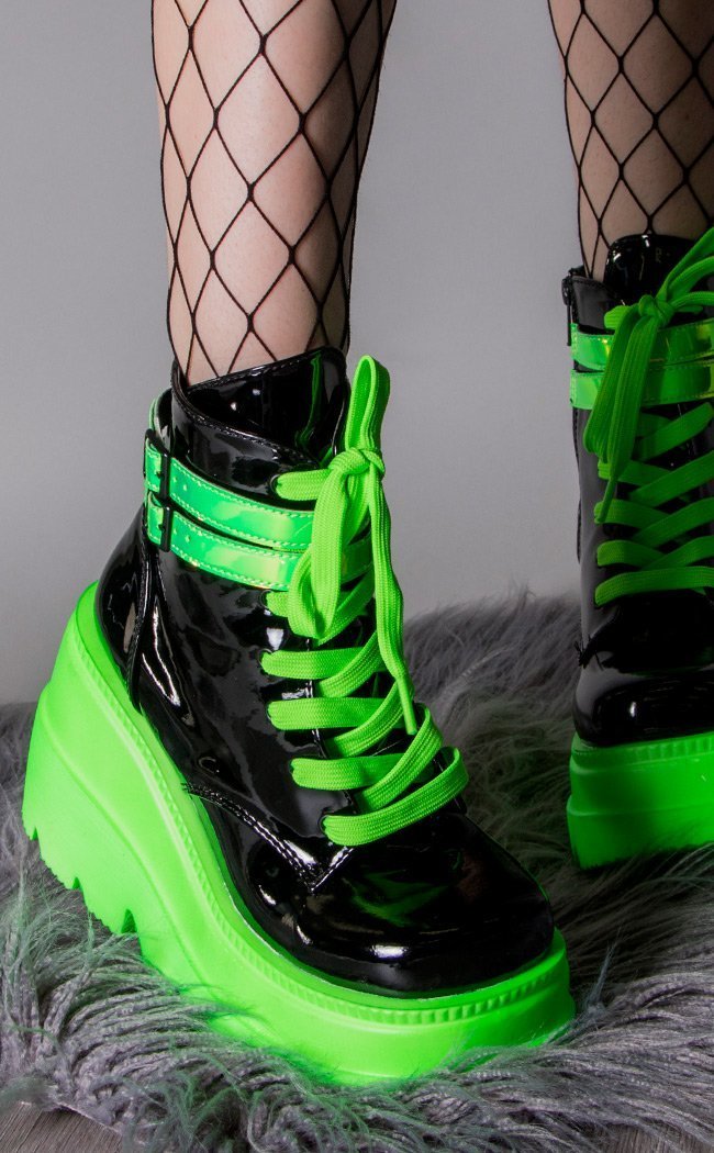 SHAKER-52 UV Green Ankle Boots-Demonia-Tragic Beautiful