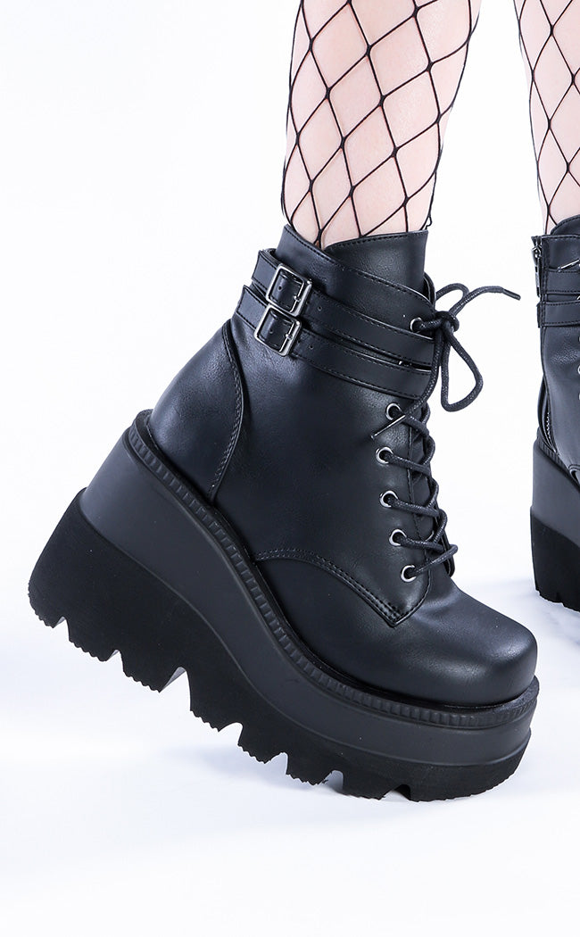 SHAKER-52 Black Vegan Leather Platform Ankle Boots-Demonia-Tragic Beautiful