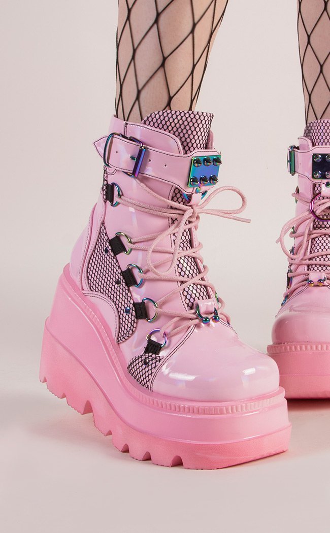 SHAKER-60 Baby Pink Vegan Lace Up Boots-Demonia-Tragic Beautiful