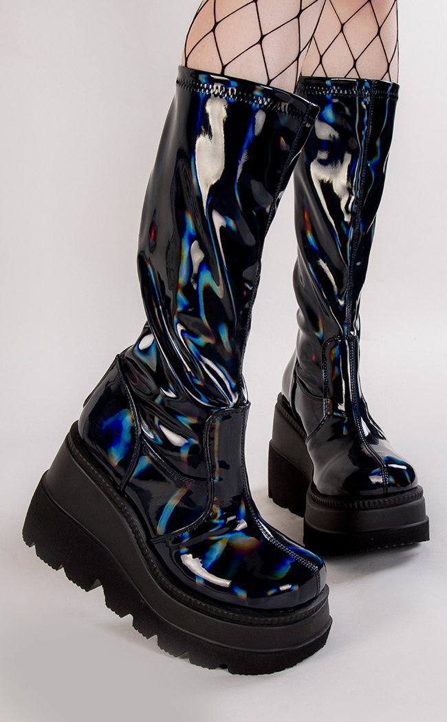 SHAKER-65 Black Patent Holographic Boots-Demonia-Tragic Beautiful