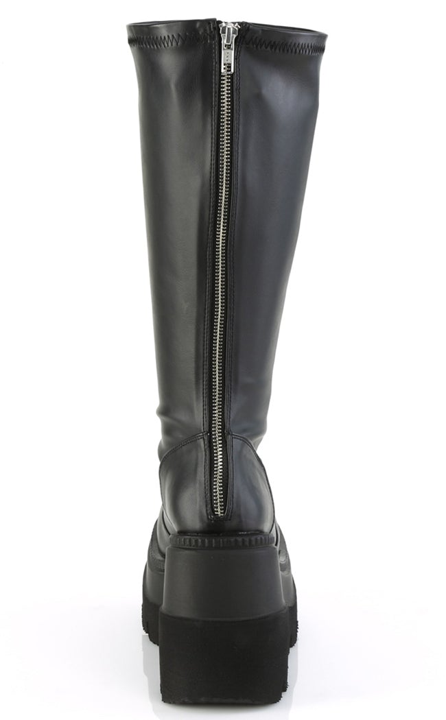 SHAKER-65 Black Vegan Leather Knee High Platform Boots | Wide Calf-Demonia-Tragic Beautiful