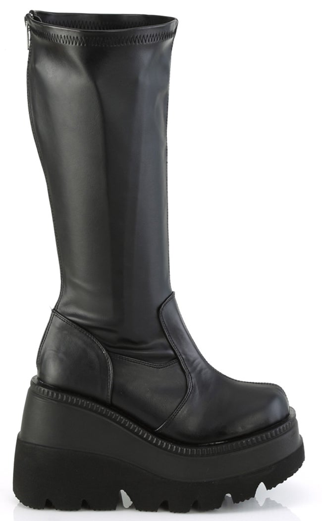 SHAKER-65 Black Vegan Leather Knee High Platform Boots | Wide Calf-Demonia-Tragic Beautiful