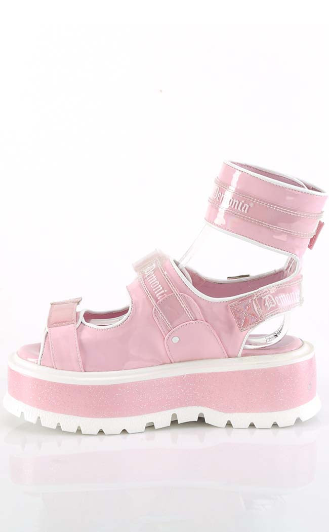 SLACKER-15B Baby Pink Holo Sandals-Demonia-Tragic Beautiful