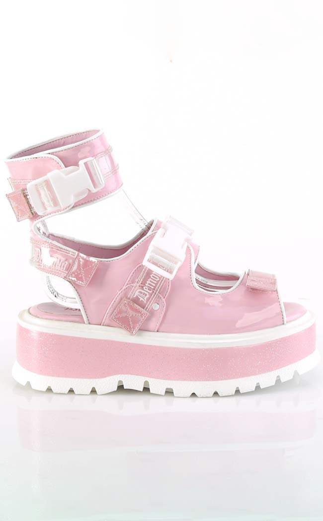 SLACKER-15B Baby Pink Holo Sandals-Demonia-Tragic Beautiful