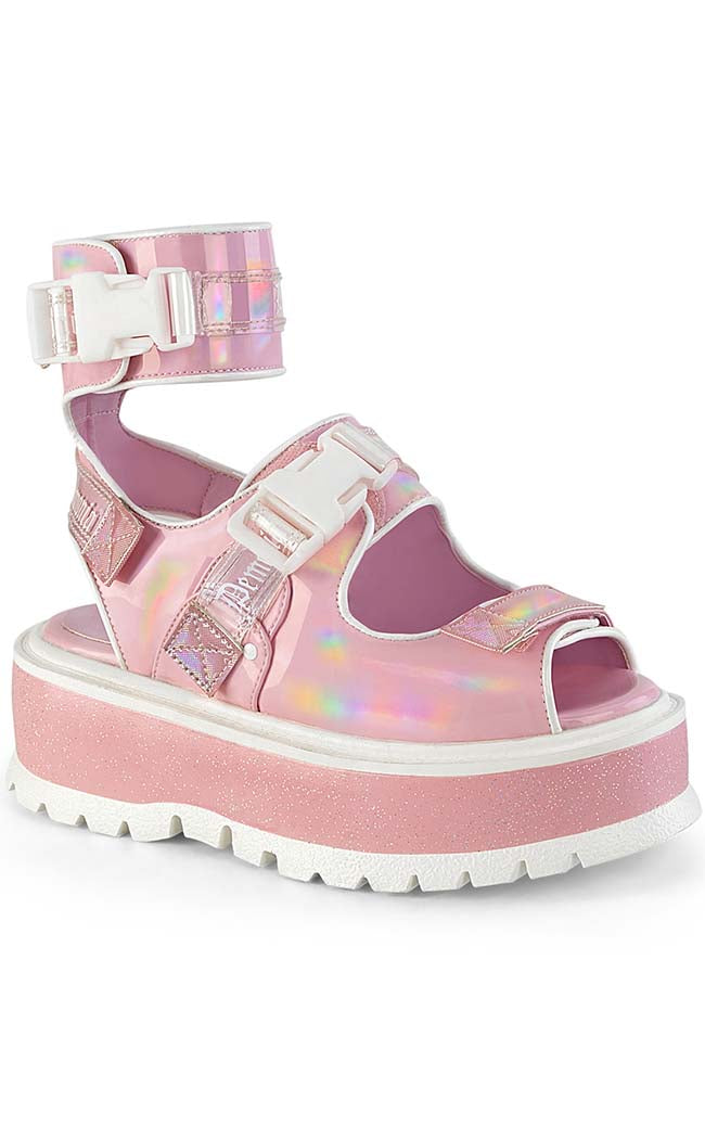 SLACKER-15B Baby Pink Holo Sandals-Demonia-Tragic Beautiful