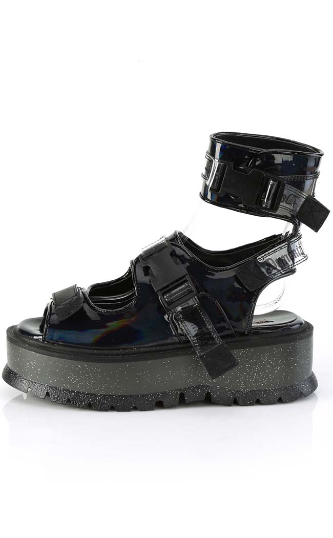 SLACKER-15B Black Holo Sandals-Demonia-Tragic Beautiful