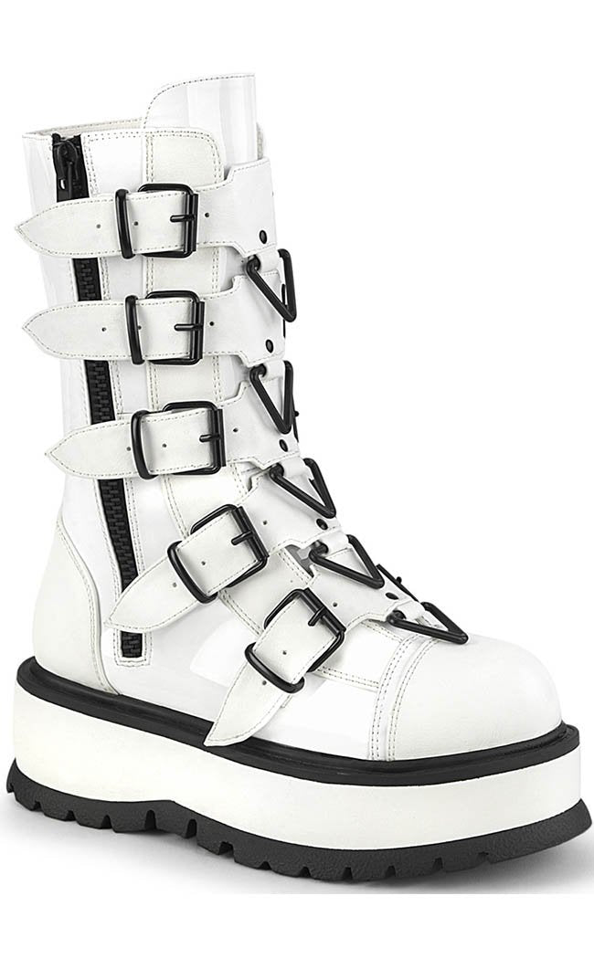 SLACKER-160 White Vegan Buckle Boots-Demonia-Tragic Beautiful