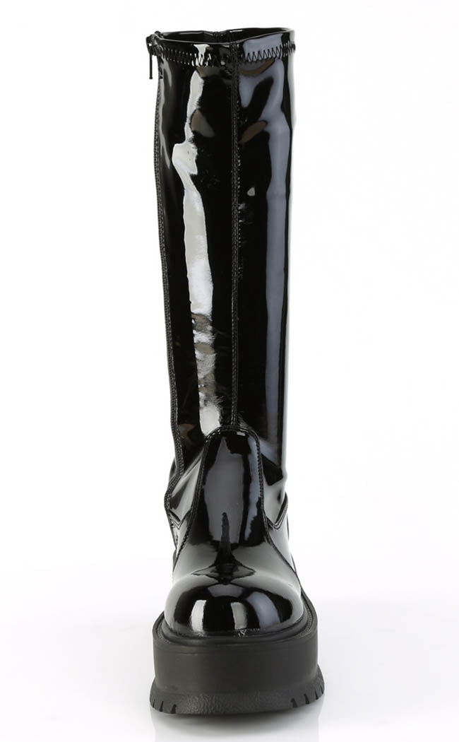 SLACKER-200 Black Patent Knee High Platform Boots-Demonia-Tragic Beautiful