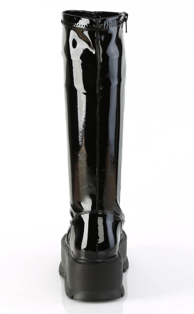 SLACKER-200 Black Patent Knee High Platform Boots-Demonia-Tragic Beautiful