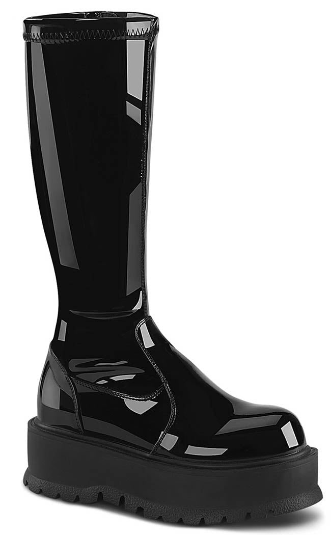 SLACKER-200 Black Patent Knee High Platform Boots-Demonia-Tragic Beautiful