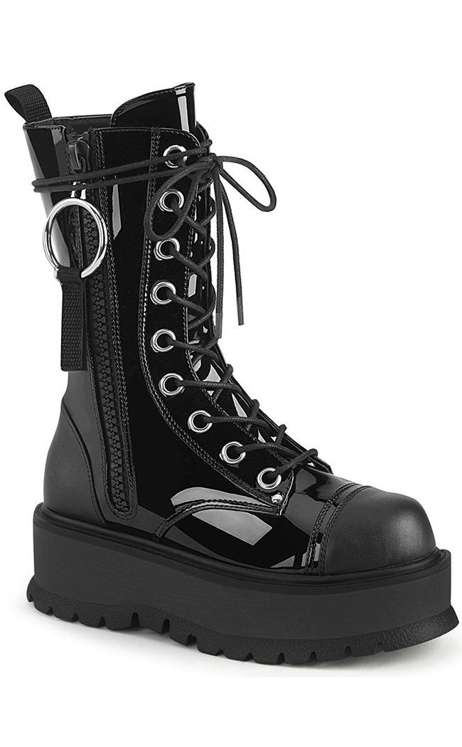 SLACKER-220 Black Patent Ankle Boots (Outer Zip)-Demonia-Tragic Beautiful