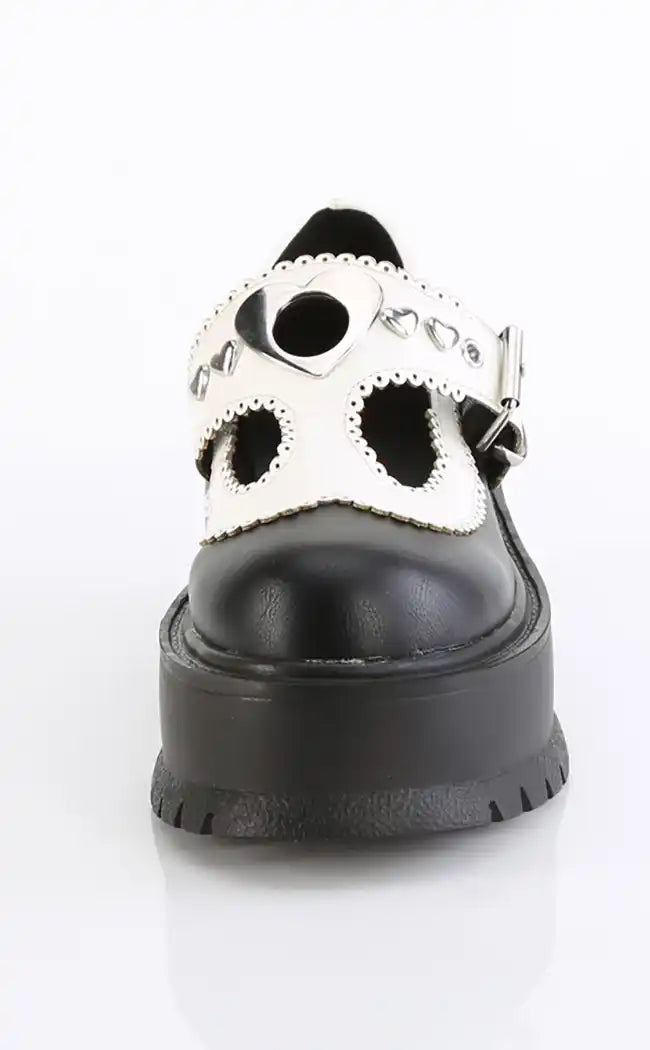 SLACKER-23 Black & White Vegan Leather Mary Janes-Demonia-Tragic Beautiful