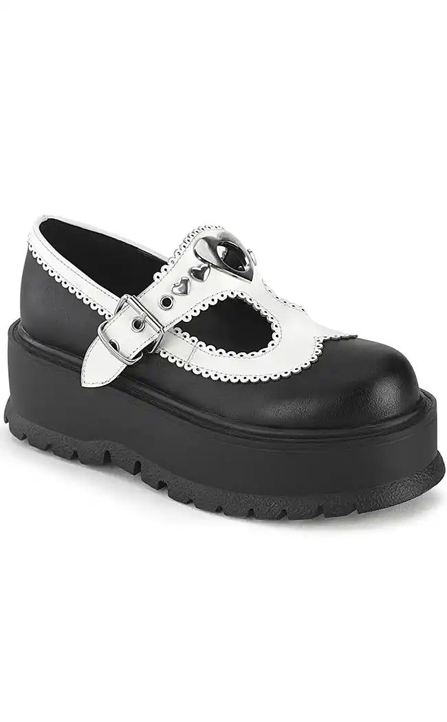 SLACKER-23 Black & White Vegan Leather Mary Janes-Demonia-Tragic Beautiful