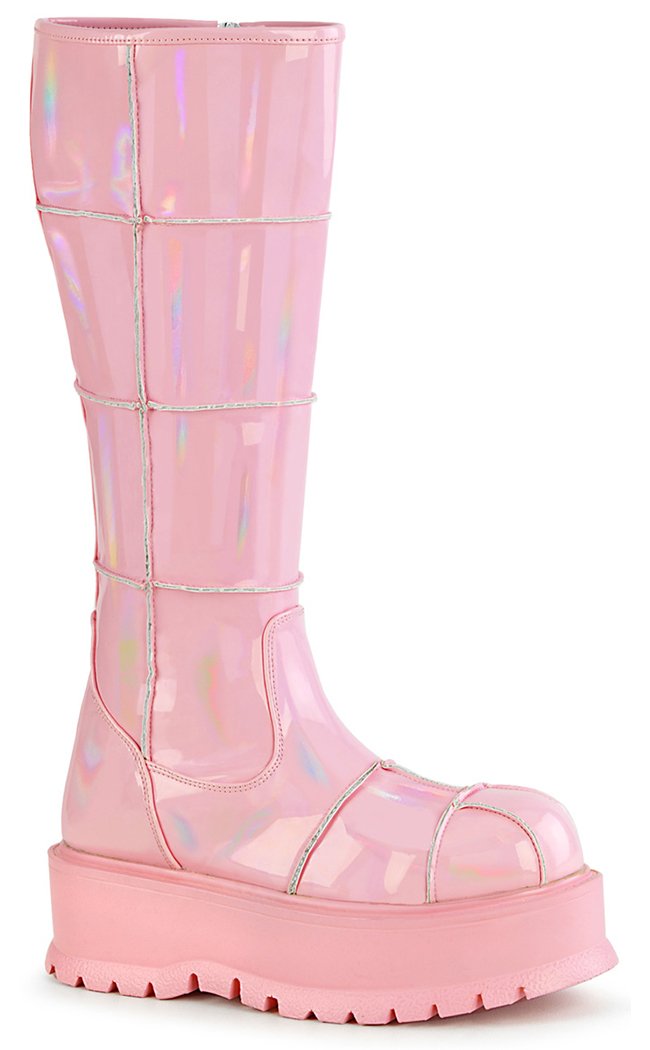 SLACKER-230 Baby Pink Holo Calf Boots-Demonia-Tragic Beautiful
