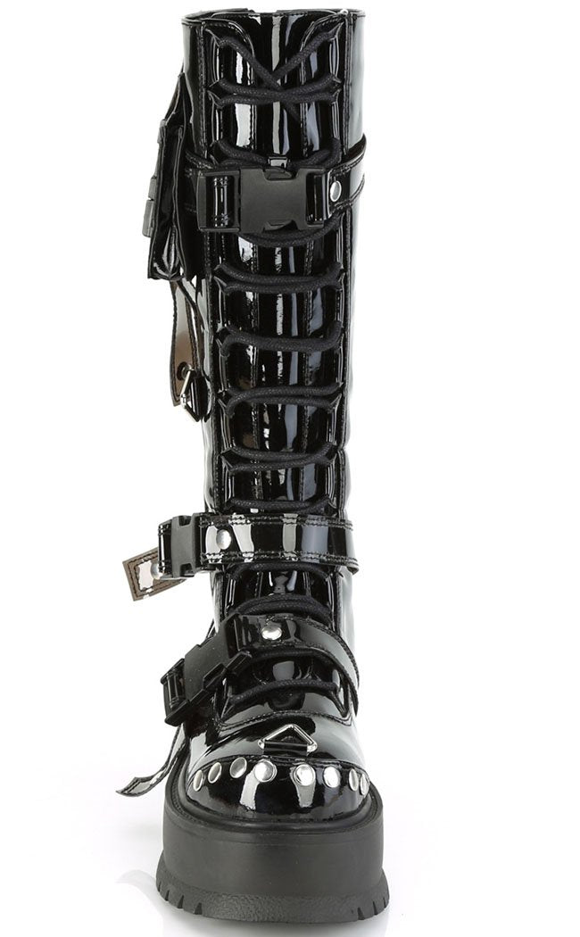 SLACKER-260 Black Patent Buckle Boots-Demonia-Tragic Beautiful