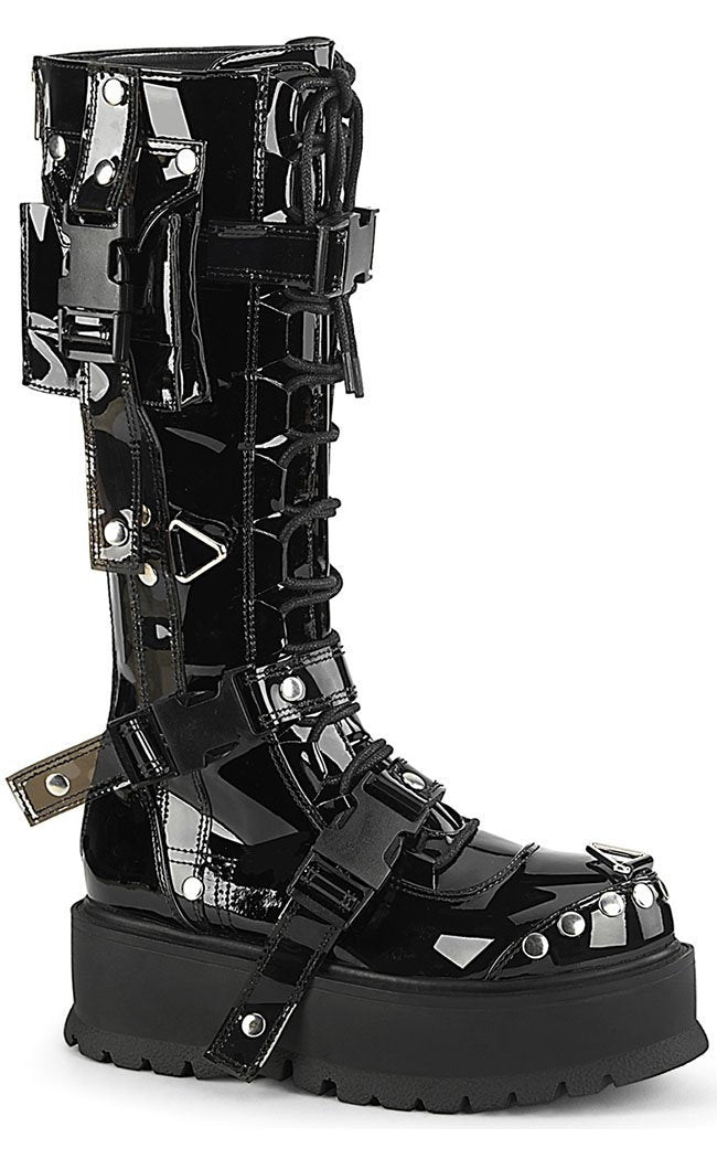 SLACKER-260 Black Patent Buckle Boots-Demonia-Tragic Beautiful