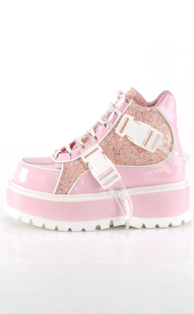 SLACKER-50 Baby Pink Holo/Multi Glitter Ankle Boots-Demonia-Tragic Beautiful