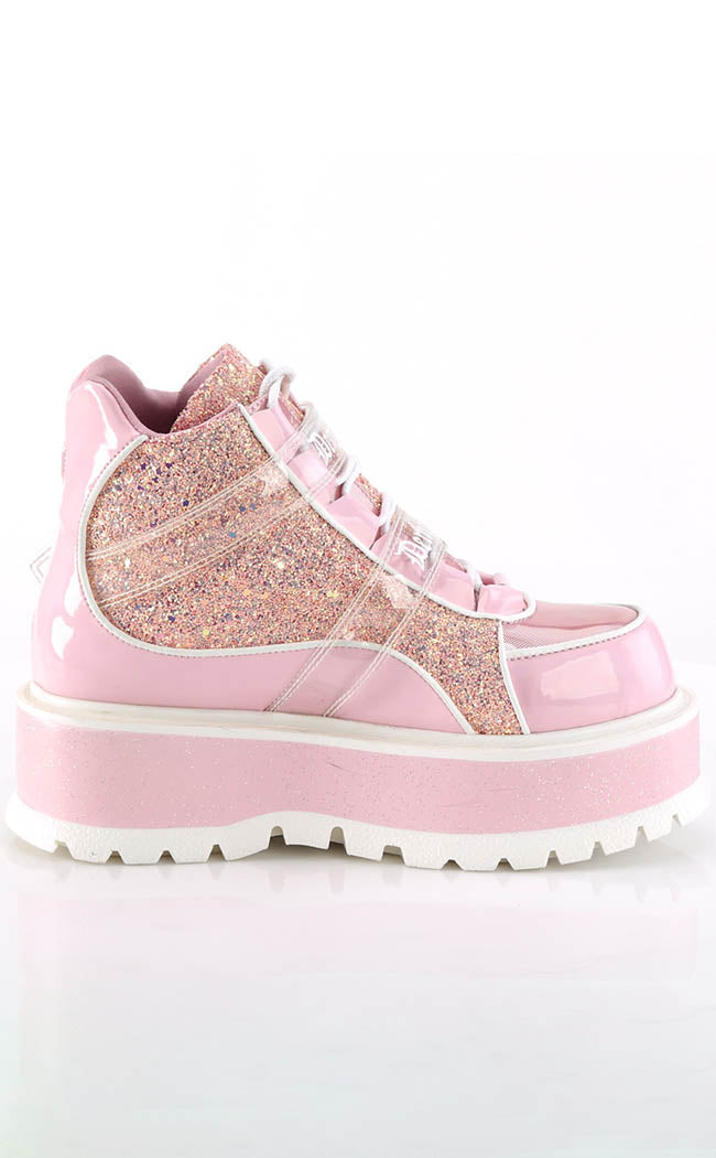 SLACKER-50 Baby Pink Holo/Multi Glitter Ankle Boots-Demonia-Tragic Beautiful