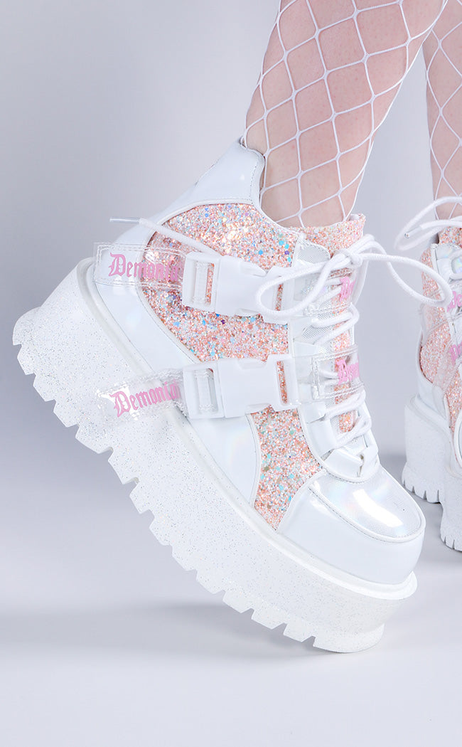 SLACKER-50 White Holo/Multi Glitter Ankle Boots-Demonia-Tragic Beautiful