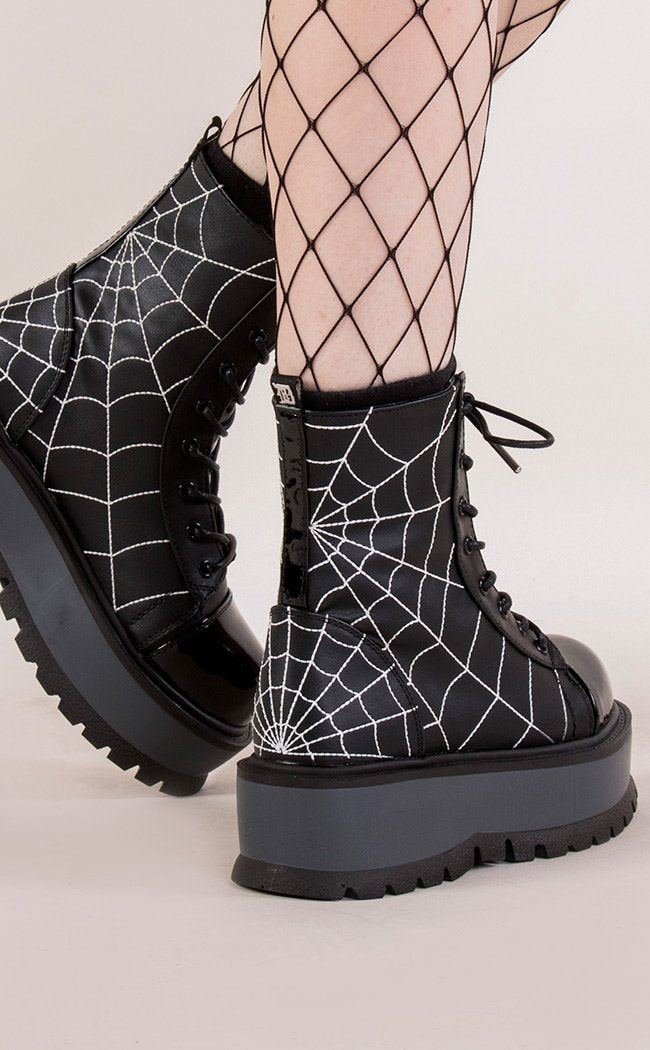 SLACKER-88 Black Vegan Spiderweb Ankle Boots-Demonia-Tragic Beautiful