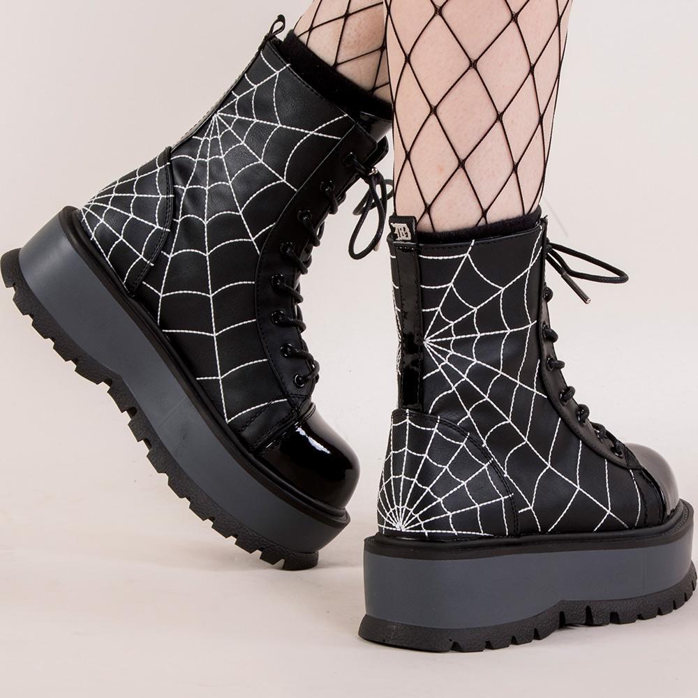 SLACKER-88 Black Vegan Spiderweb Ankle Boots-Demonia-Tragic Beautiful