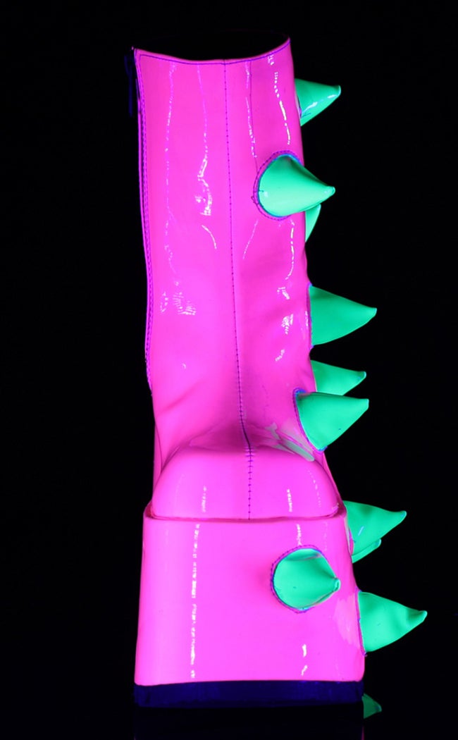 SLAY-77 UV Neon Pink-Neon Green Platform Boots-Demonia-Tragic Beautiful