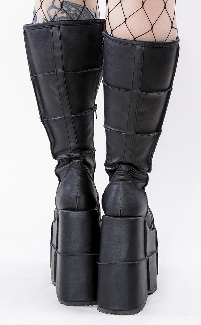 STACK-301 Black Vegan Leather Platform Boots-Demonia-Tragic Beautiful