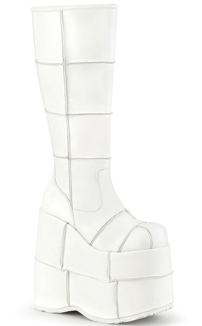 STACK-301 White Matte Platform Boots-Demonia-Tragic Beautiful