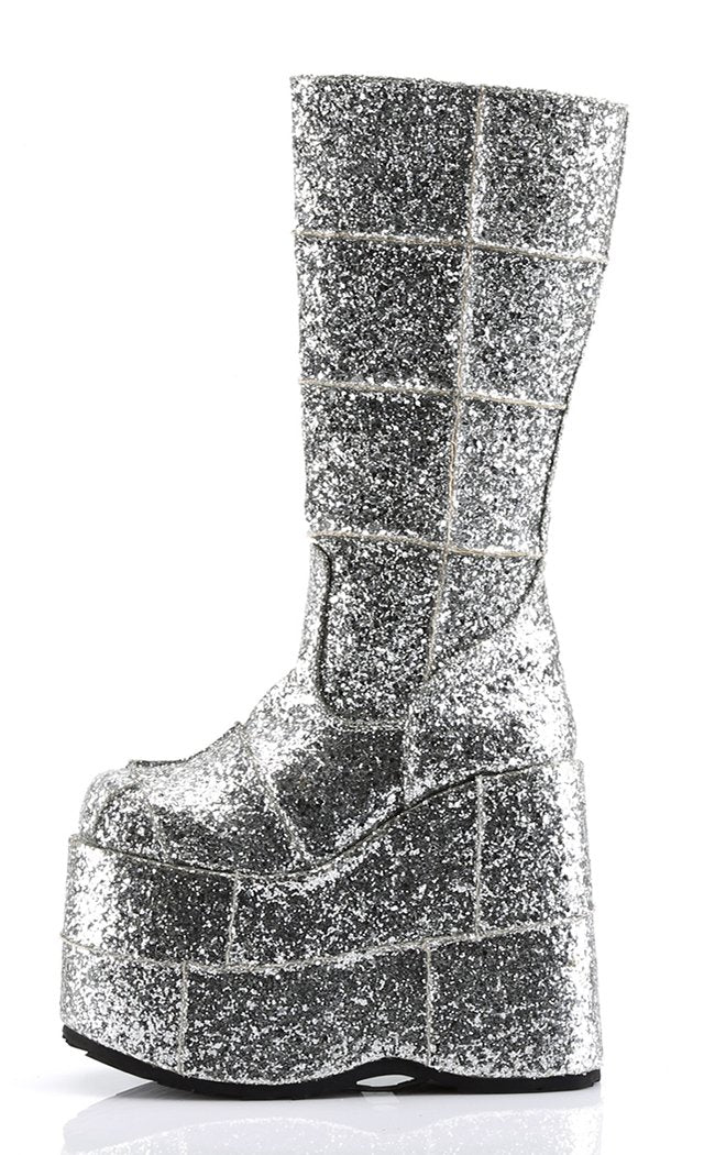 STACK-301G Silver Glitter Boots-Demonia-Tragic Beautiful