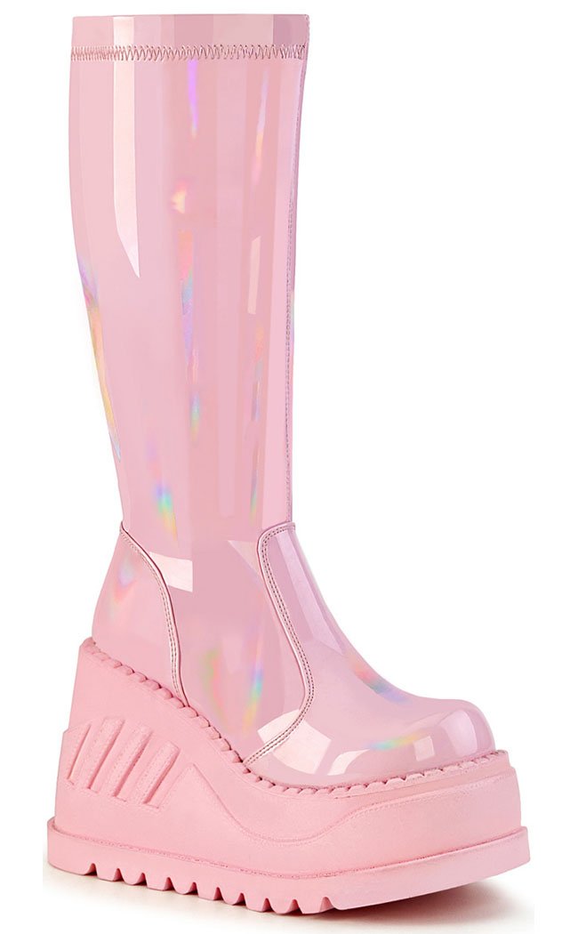 Stomp-200 Baby Pink Holo Knee High Boots-Demonia-Tragic Beautiful