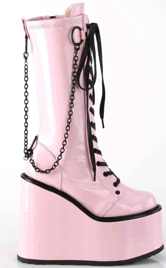 SWING-150 Pink Hologram Platform Wedge Boots-Demonia-Tragic Beautiful
