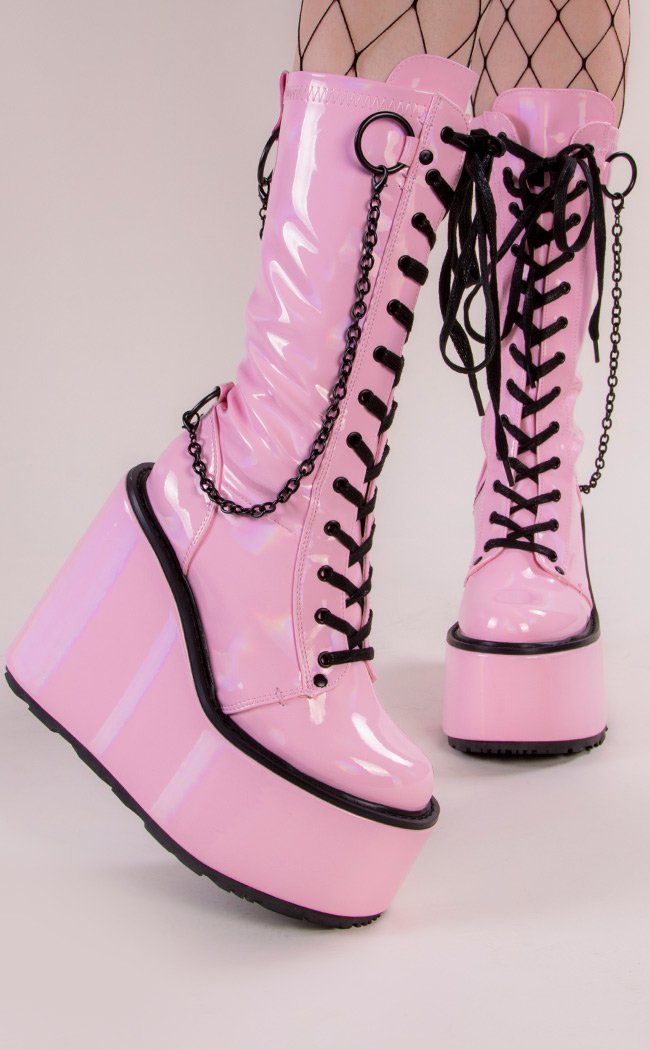 SWING-150 Pink Hologram Platform Wedge Boots-Demonia-Tragic Beautiful