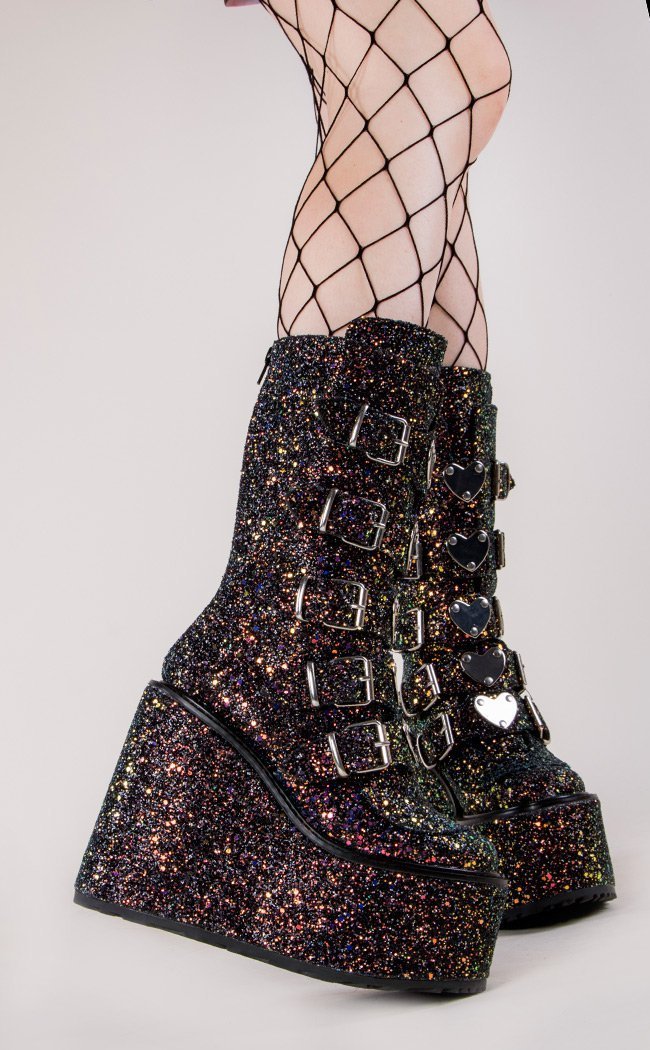 SWING-230G Black Multi Glitter Boots-Demonia-Tragic Beautiful