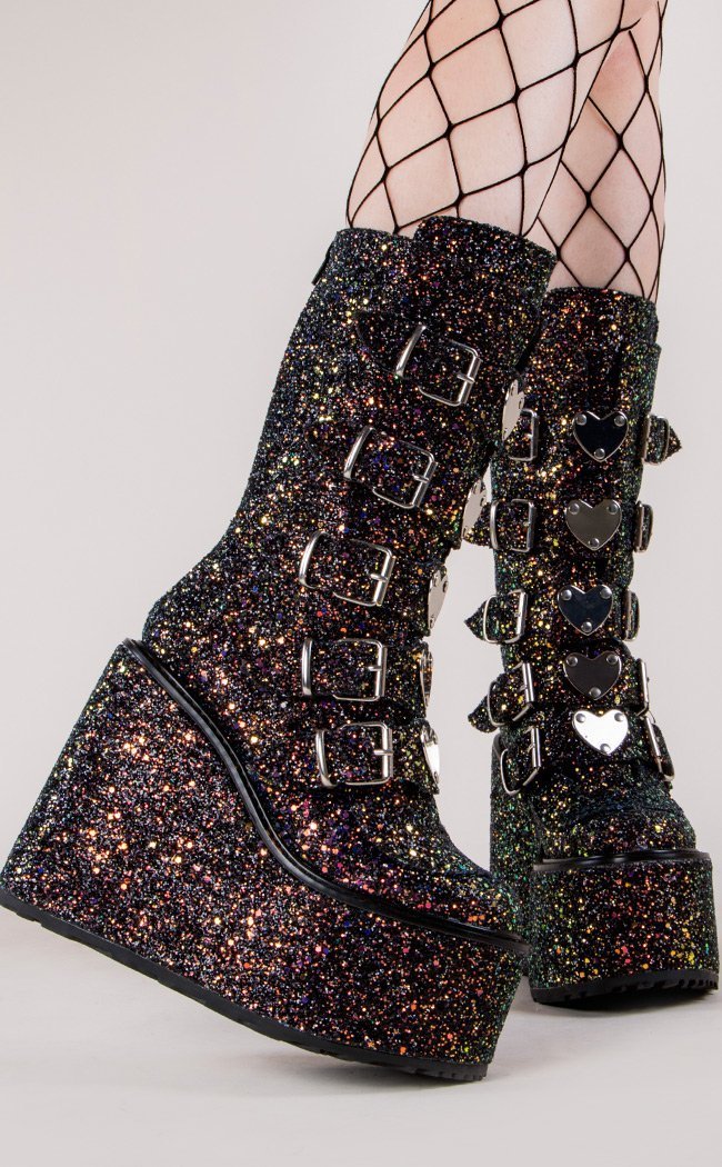 SWING-230G Black Multi Glitter Boots-Demonia-Tragic Beautiful