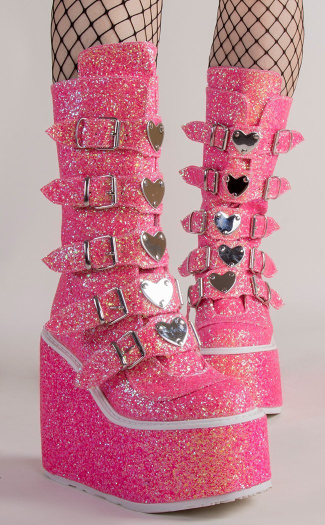 SWING-230G Pink Multi Glitter Boots-Demonia-Tragic Beautiful