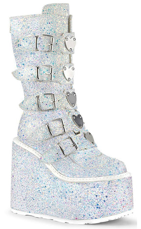 SWING-230G White UV Glow Multi Glitter Boots-Demonia-Tragic Beautiful