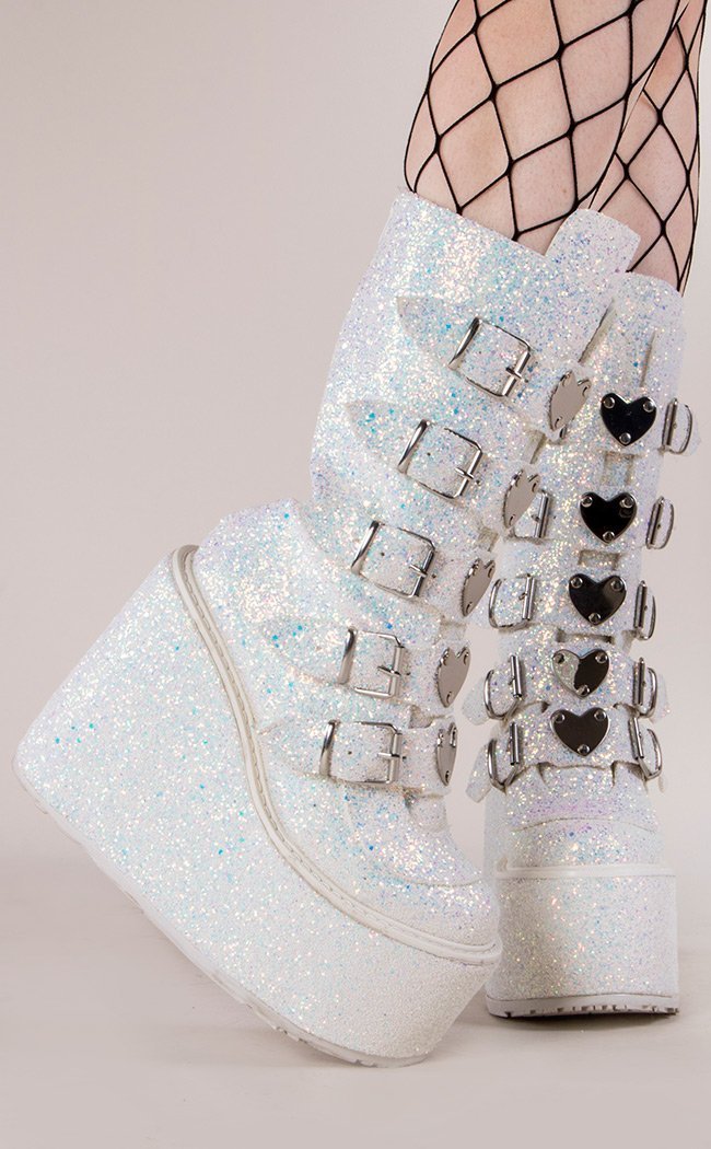 Demonia SWING-230G White UV Glitter Boots Festival Shoes Australia