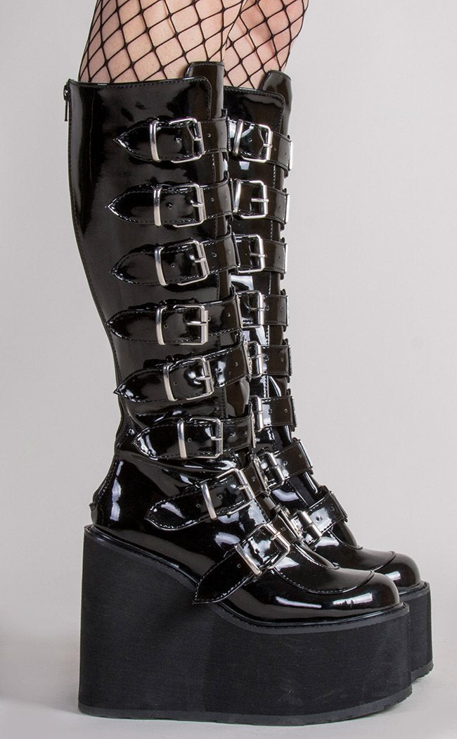 SWING-815 Black Patent Trinity Boots-Demonia-Tragic Beautiful