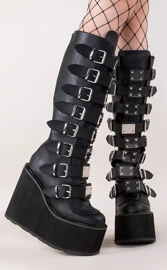 SWING-815 Black Trinity Platform Knee High Boots (Au Stock)-Demonia-Tragic Beautiful